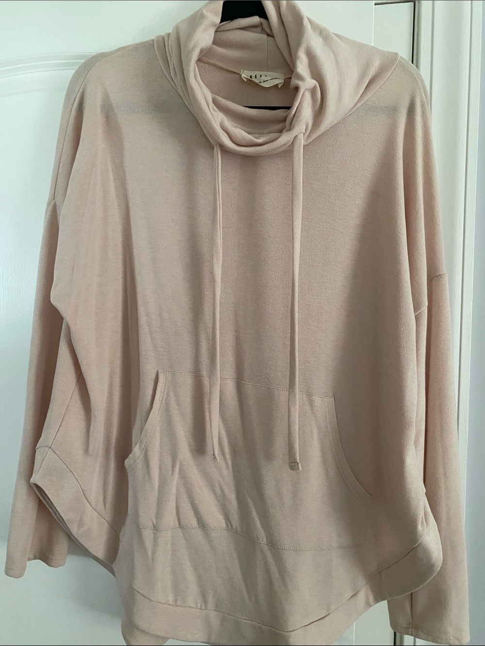 Light beige Cowl Neck Pullover Sweater with Drawstring